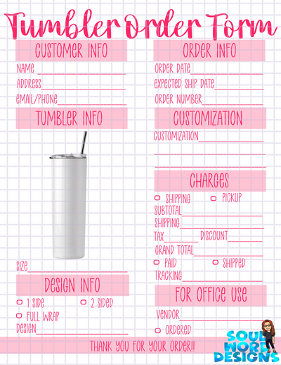 Tumbler Order Form Printable - DIGITAL FILES