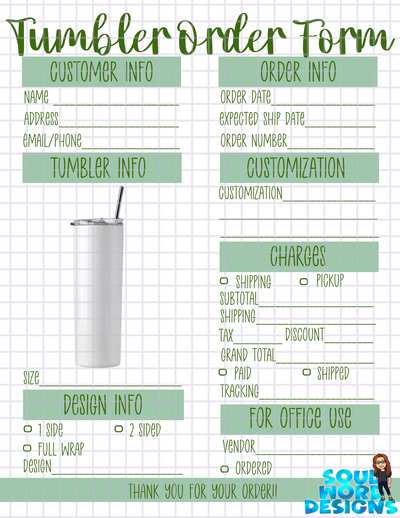 Tumbler Order Form Printable - DIGITAL FILES