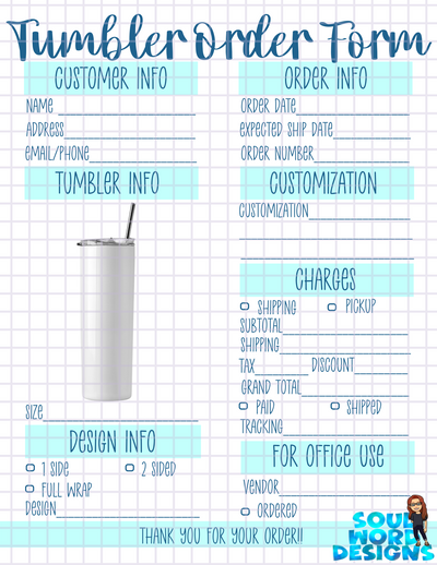 Tumbler Order Form Printable - DIGITAL FILES