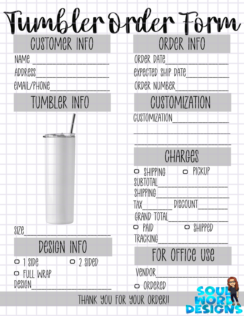 Tumbler Order Form Printable - DIGITAL FILES