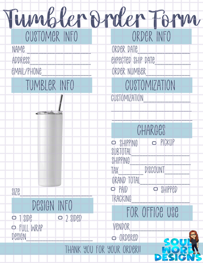 Tumbler Order Form Printable - DIGITAL FILES