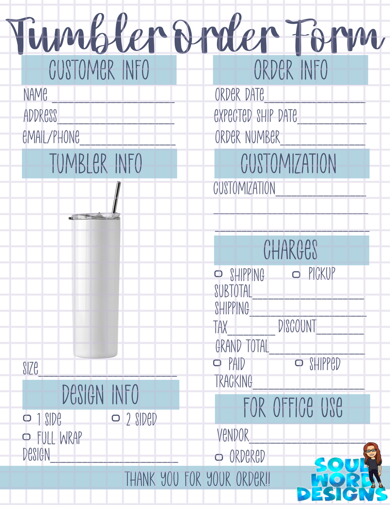 Tumbler Order Form Printable - DIGITAL FILES