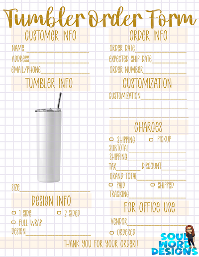 Tumbler Order Form Printable - DIGITAL FILES