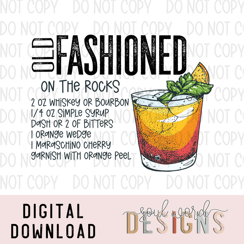 Old Fashioned Cocktail Recipe - DIGITAL DOWNLOAD