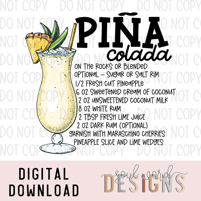 Pina Colada Cocktail Recipe - DIGITAL DOWNLOAD