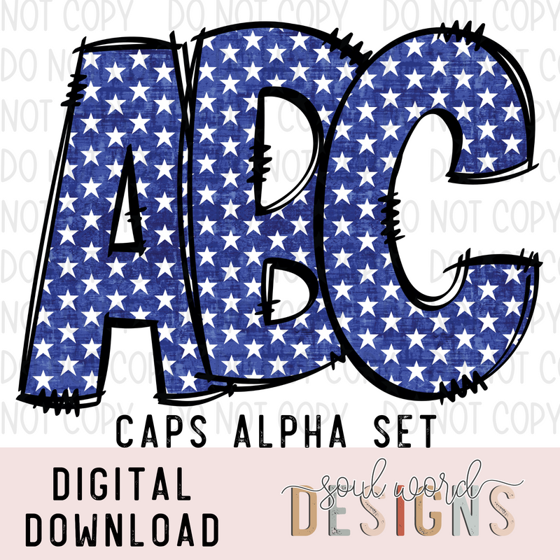 Blue Star Doodle Caps Alpha Set - DIGITAL DOWNLOAD