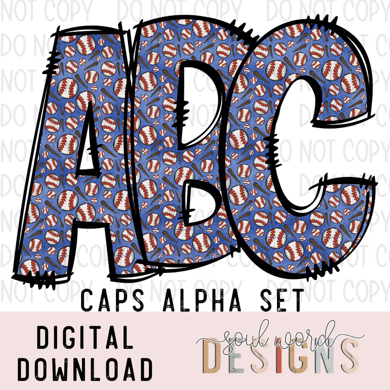 Blue Baseball Bat Doodle Caps Alpha Set - DIGITAL DOWNLOAD