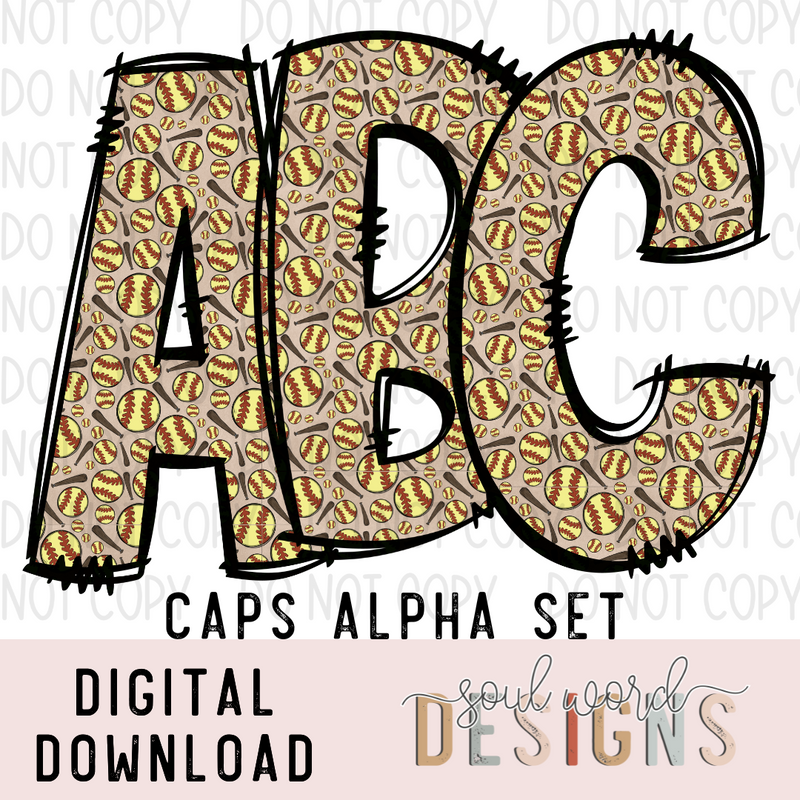 Softball Bat Doodle Caps Alpha Set - DIGITAL DOWNLOAD