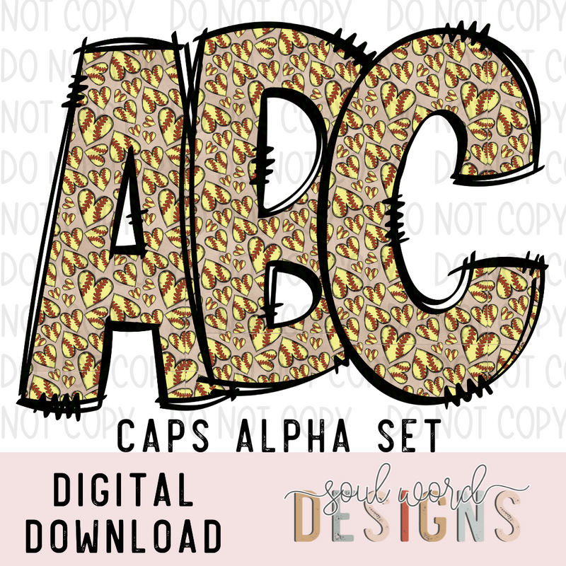 Softball Heart Doodle Caps Alpha Set - DIGITAL DOWNLOAD